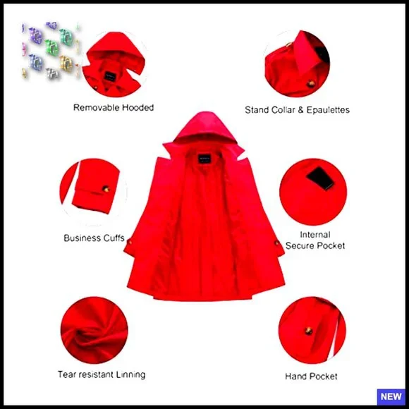 Classic Double-Breasted Trench Coat Slim Fit Detachable Hood Water-Repellent